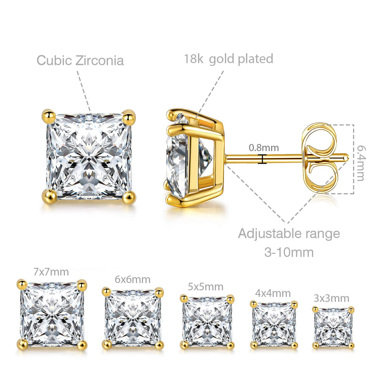 18K Gold-Plated Princess Cut CZ Studs (Set of 5)