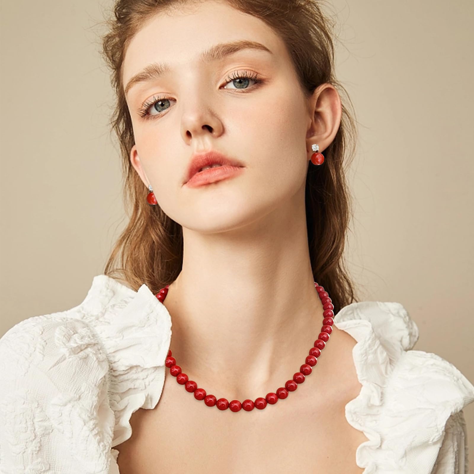 Red Pearl Necklace & Earring Set