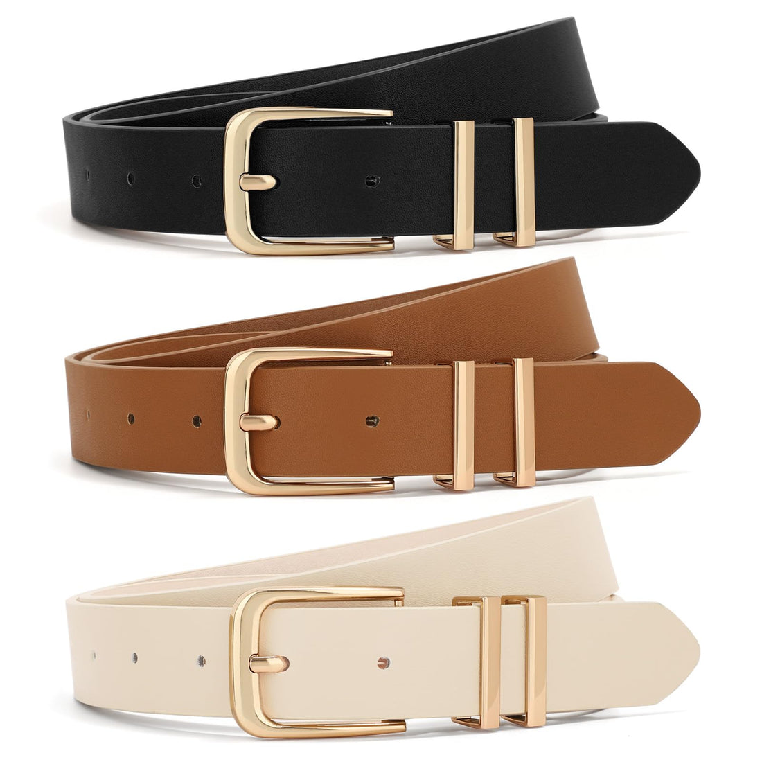 Gold-Buckle Leather Belt (Set of 3)