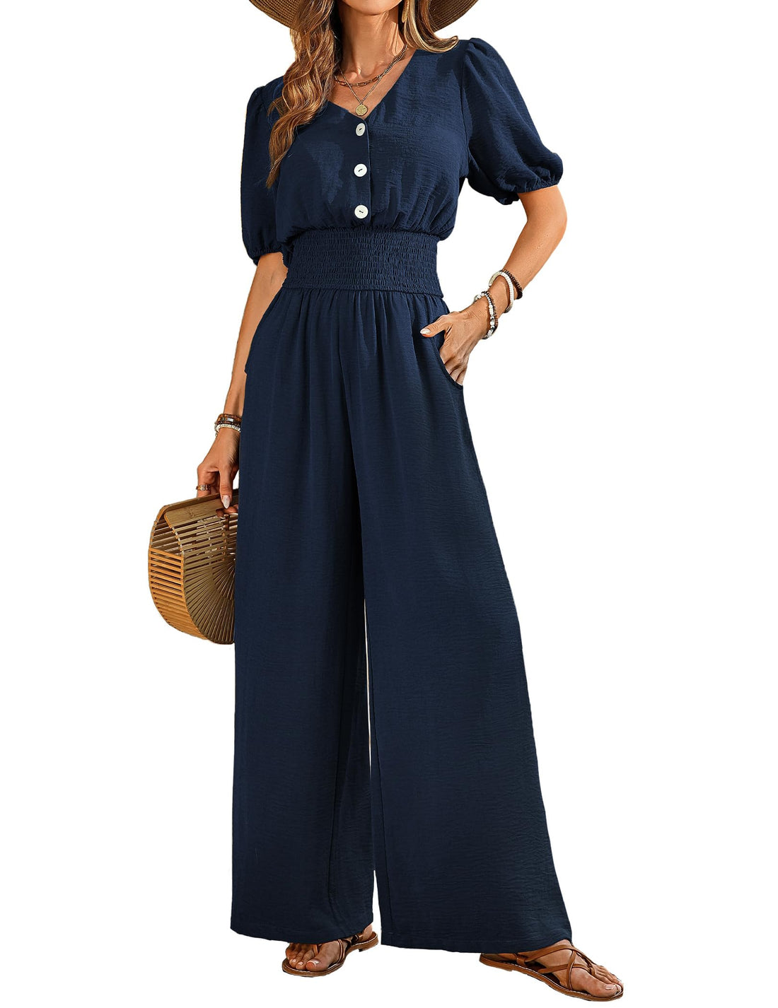 Navy Smocked Wide-Leg Jumpsuit