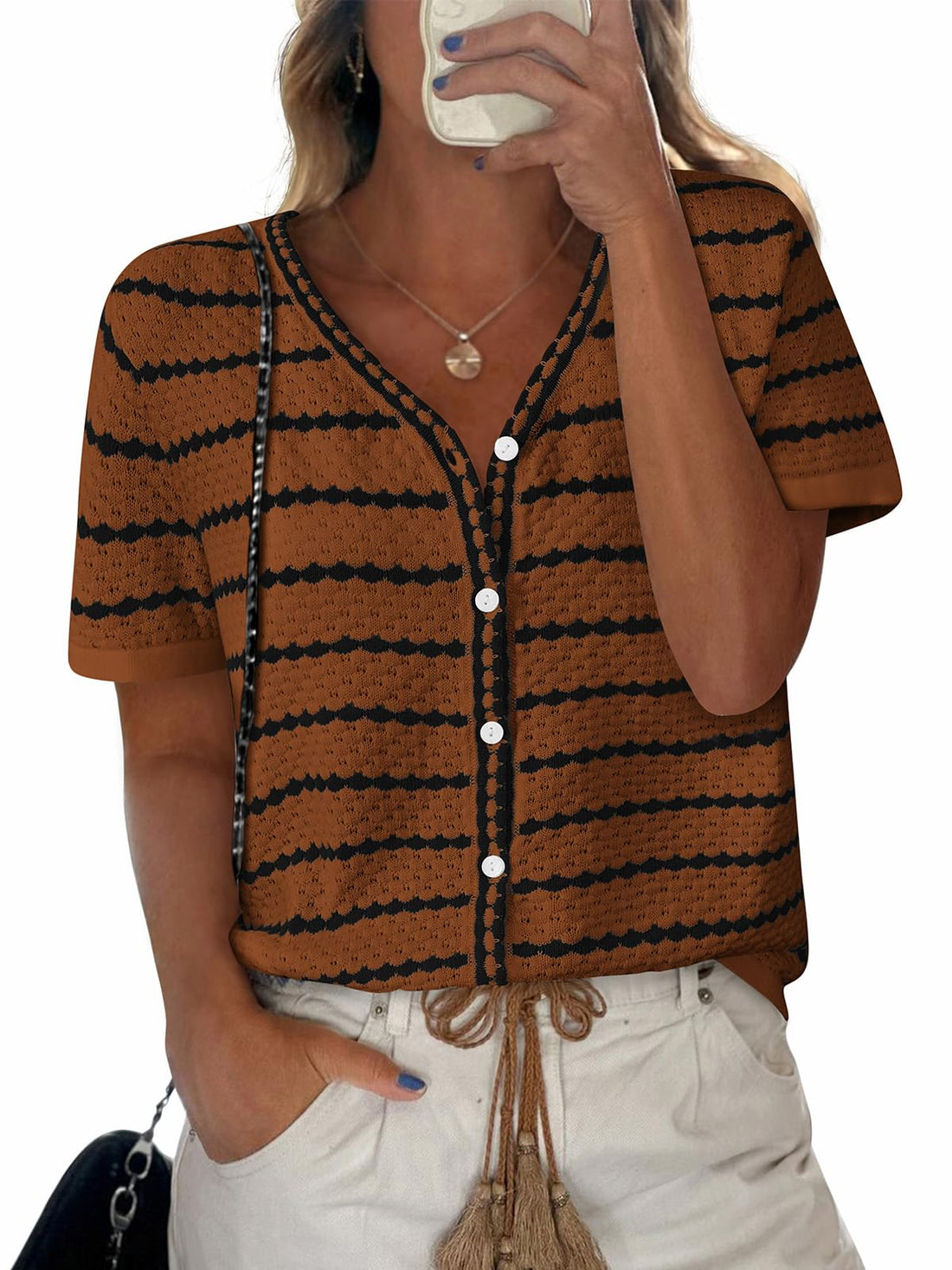 Striped Crochet Knit Blouse