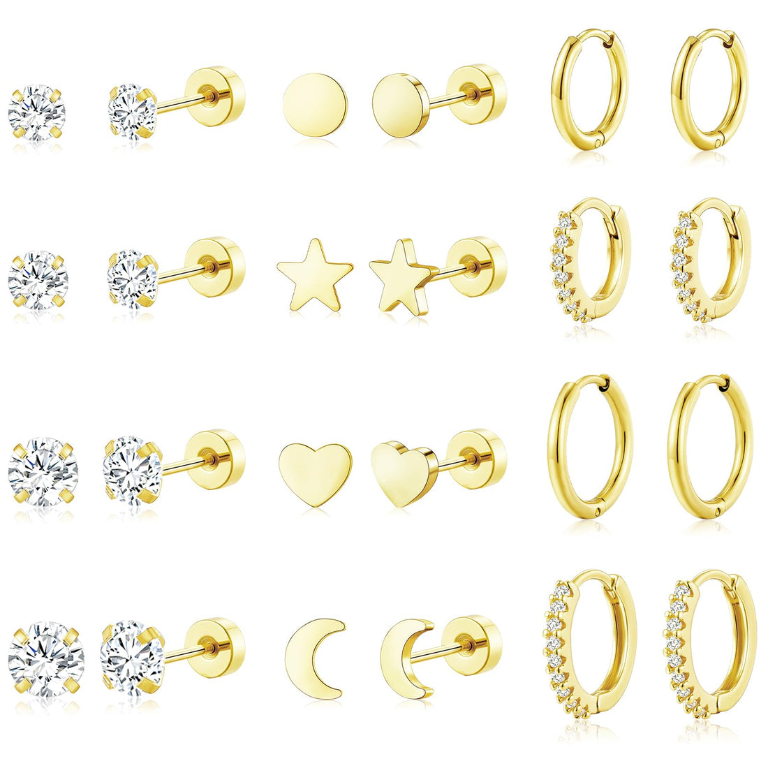 14K Gold-Plated Surgical Steel Hoop Earrings (Set of 12)
