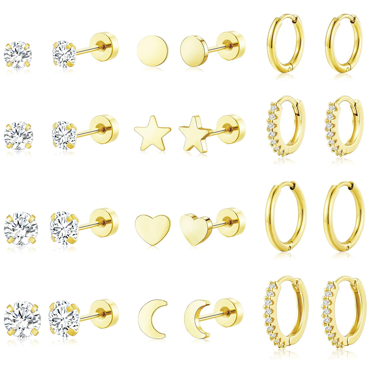 14K Gold-Plated Surgical Steel Hoop Earrings (Set of 12)
