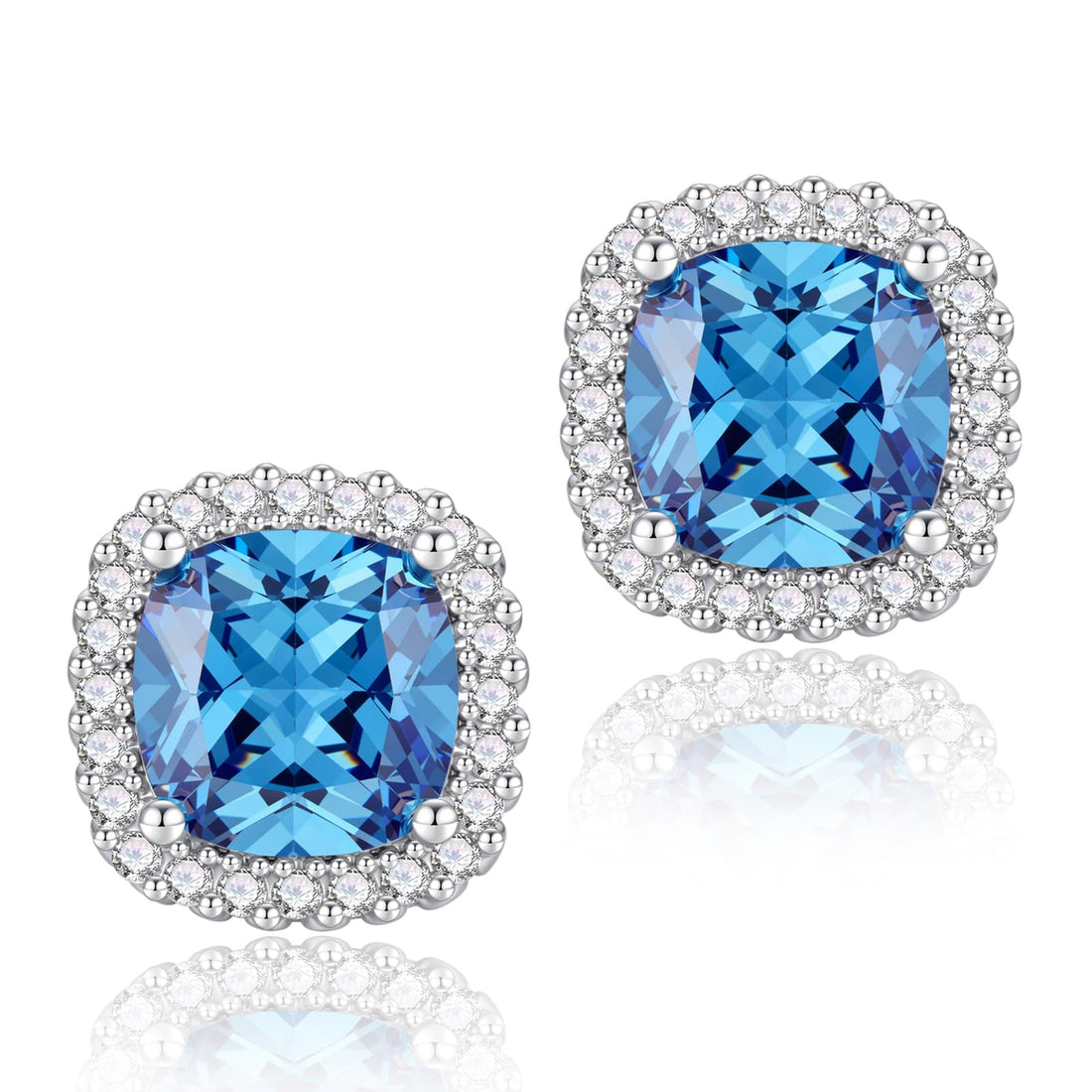 Blue Cushion CZ Stud Earrings