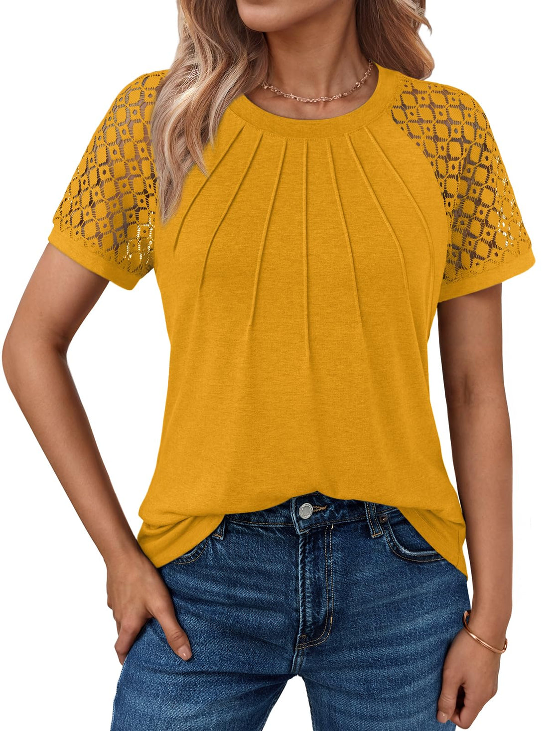 Lace Pleated Short Sleeve Top