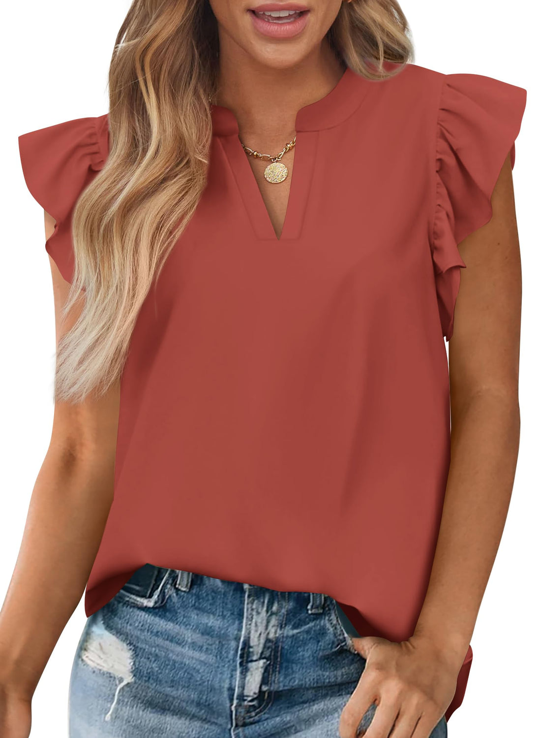 Ruffle V-Neck Tunic Blouse Coral