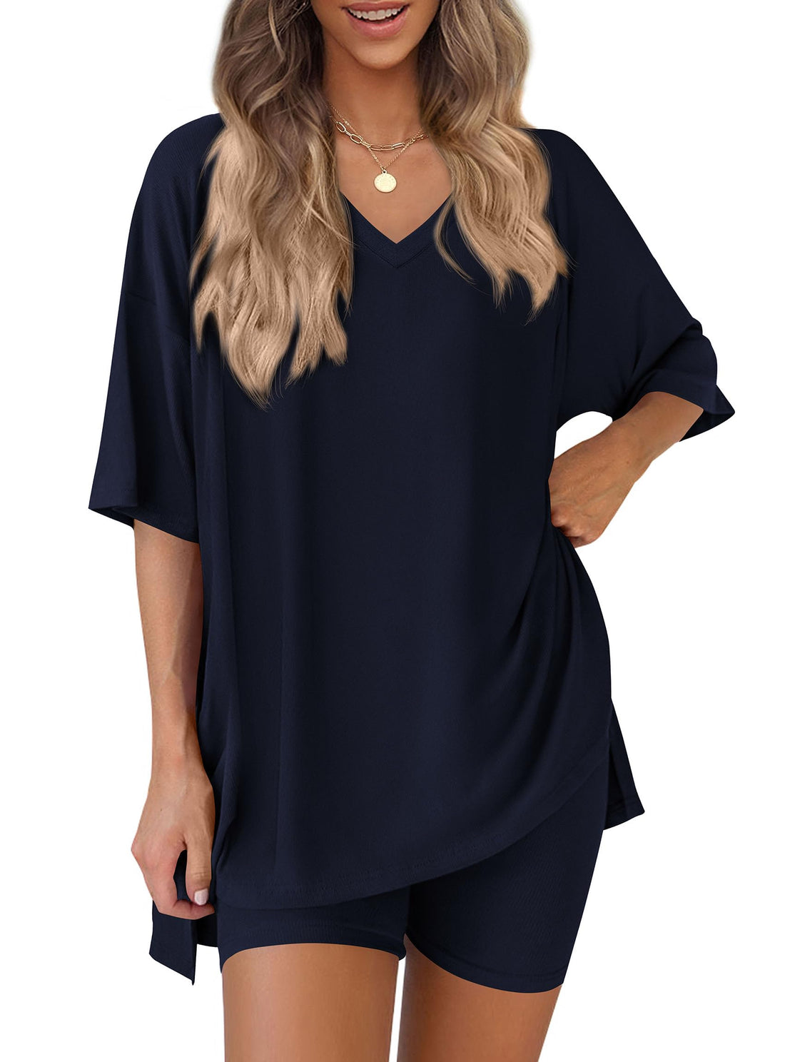 V-Neck Shirt & Biker Shorts Set