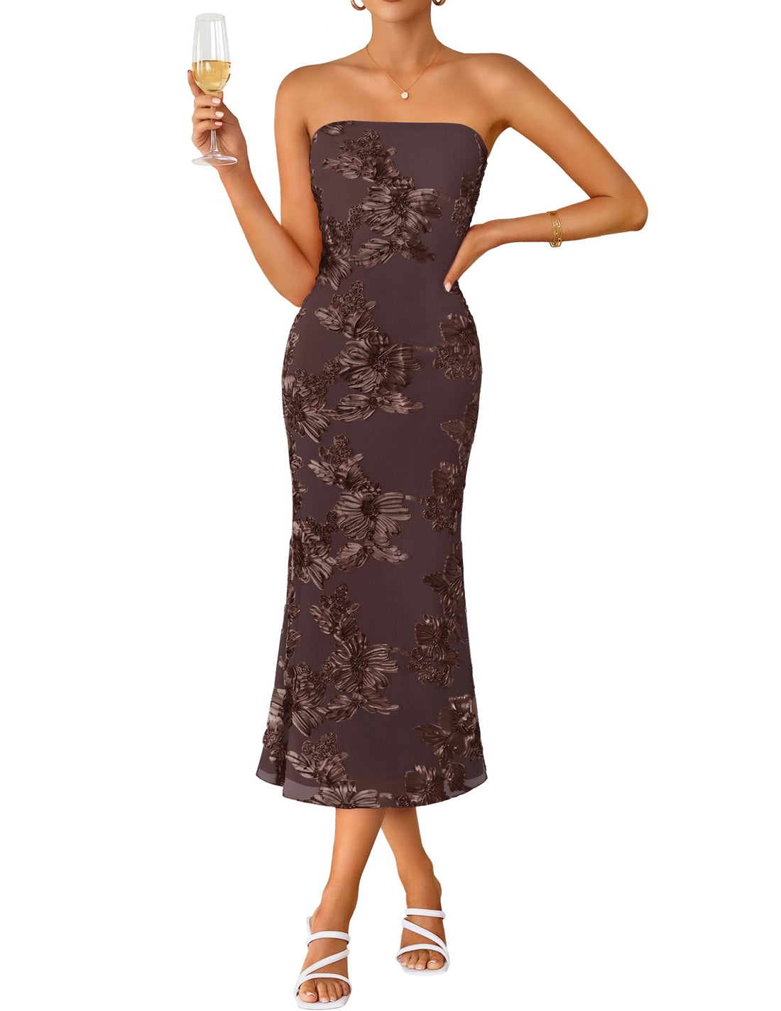 Strapless Floral Bodycon Midi Dress