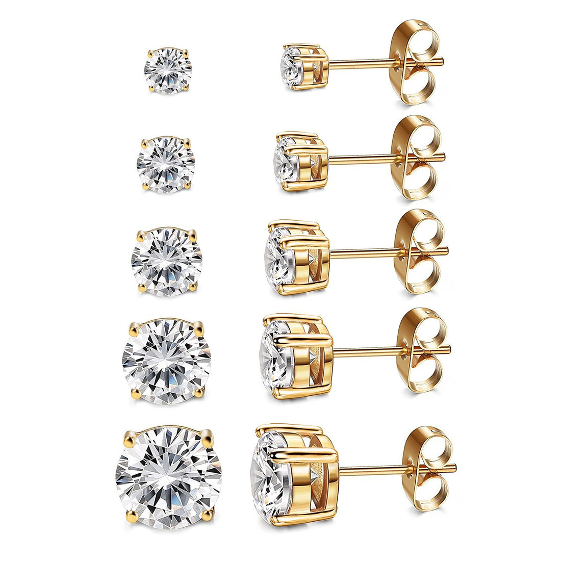 Gold-Plated CZ Round Stud Earrings (Set of 5)