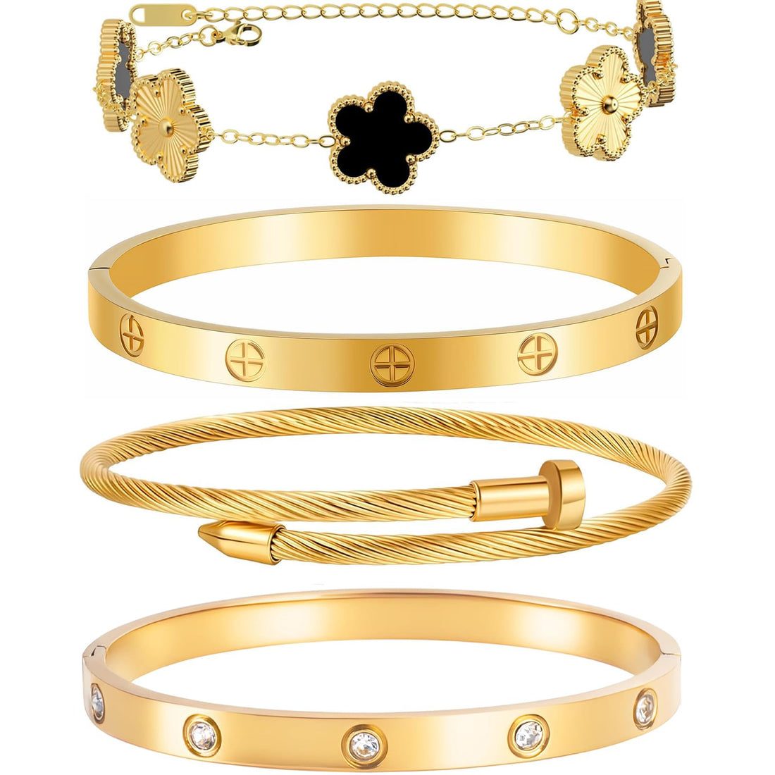 Gold-Plated Floral Bangle Set (Set of 4)