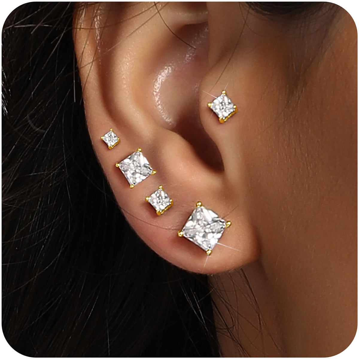 18K Gold-Plated Princess Cut CZ Studs (Set of 5)