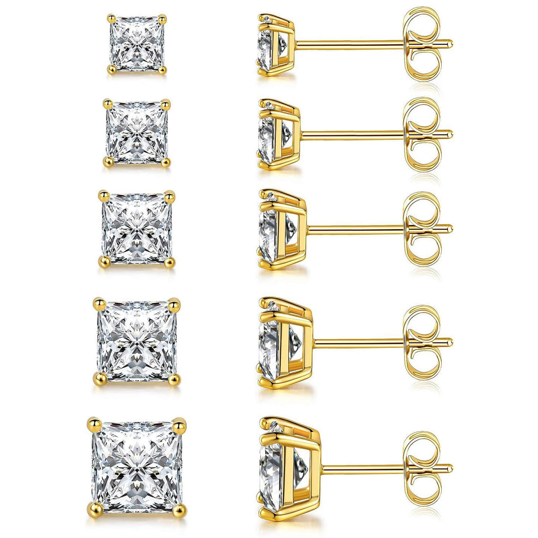 18K Gold-Plated Princess Cut CZ Studs (Set of 5)