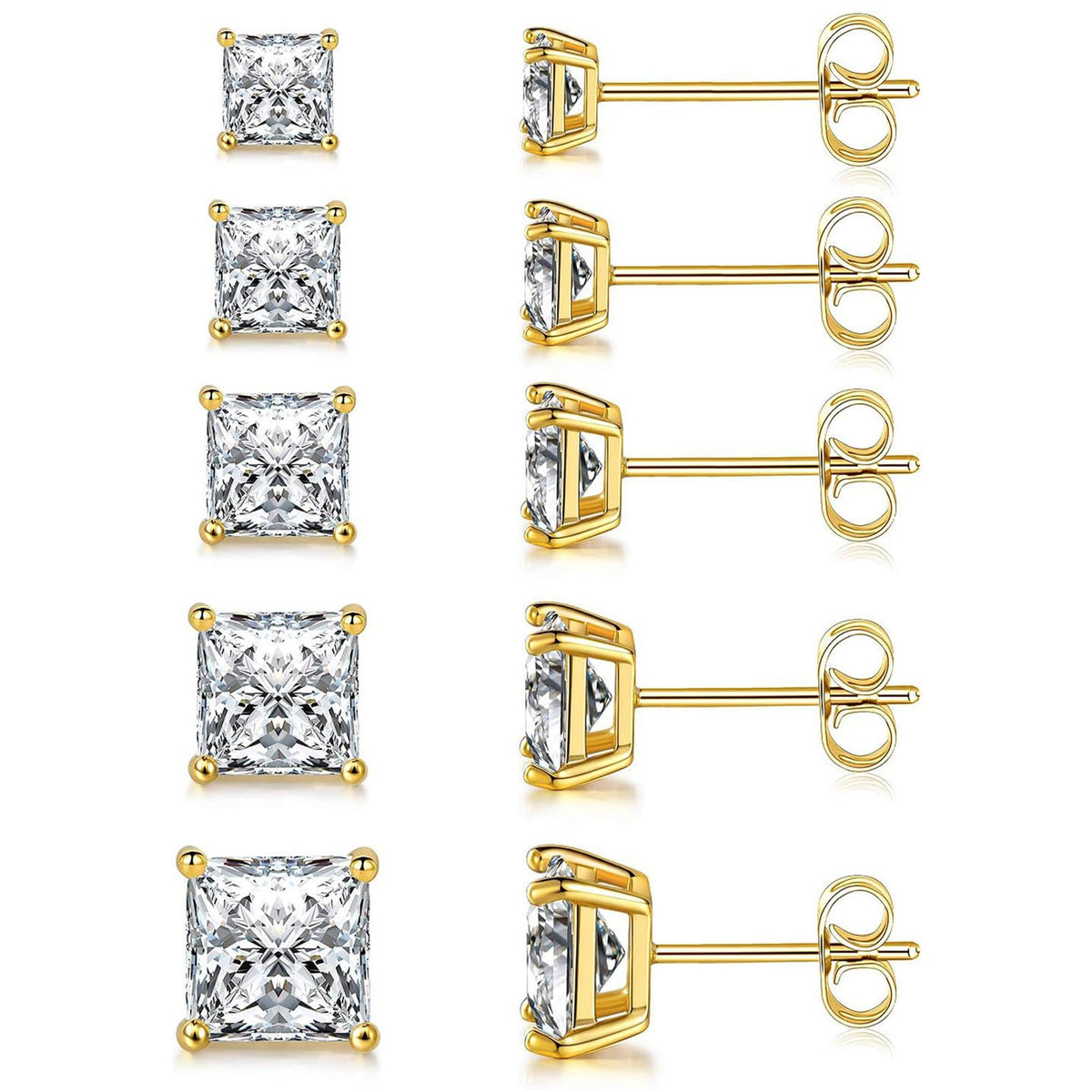 18K Gold-Plated Princess Cut CZ Studs (Set of 5)