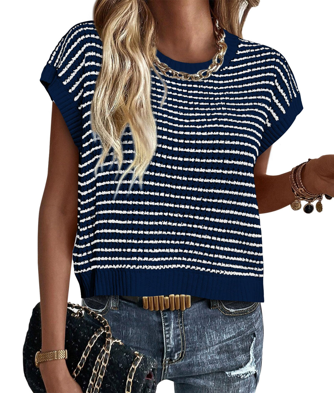 Striped Cap-Sleeve Sweater Vest