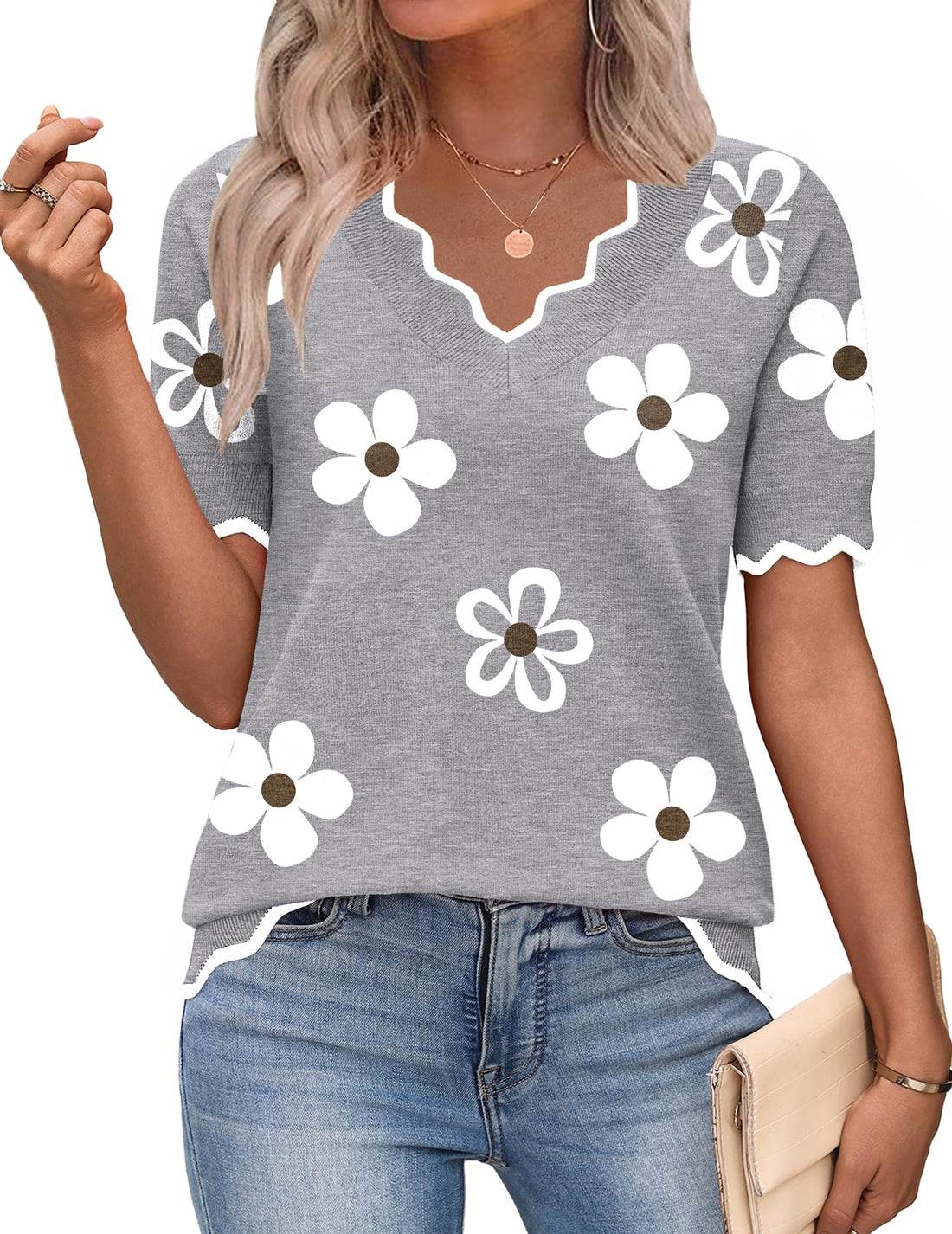 Floral V-Neck Knit Sweater