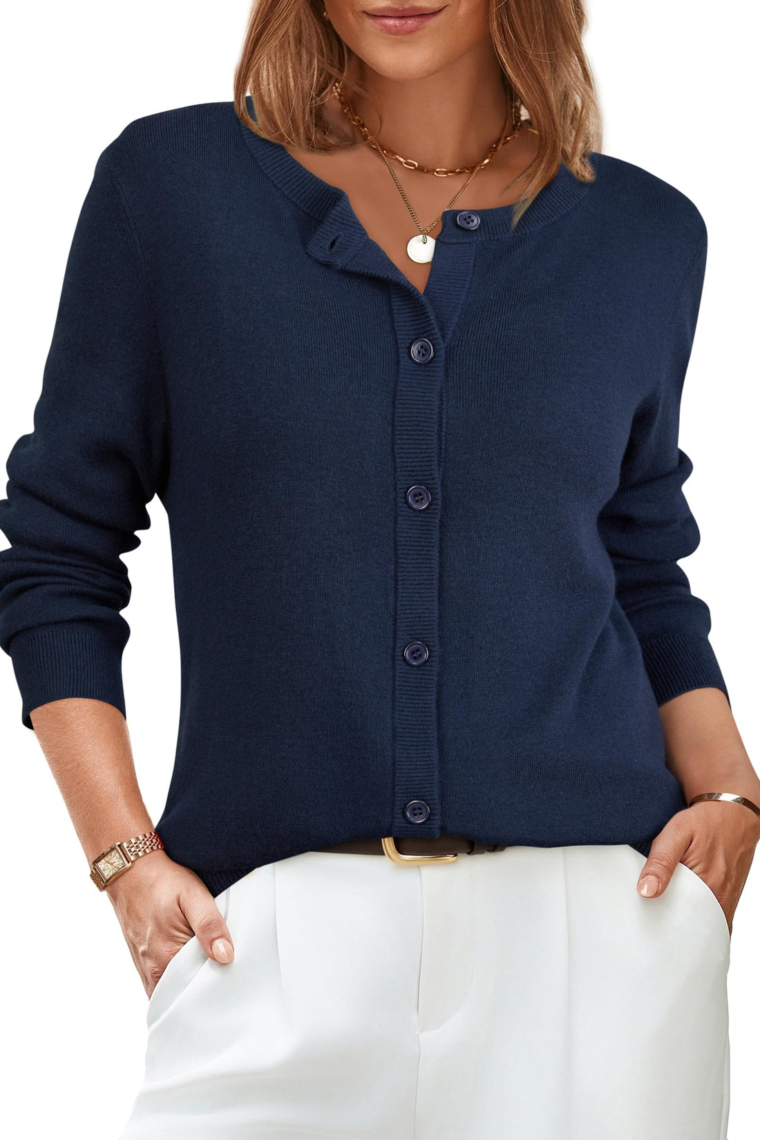 Crew Neck Button-Down Cardigan