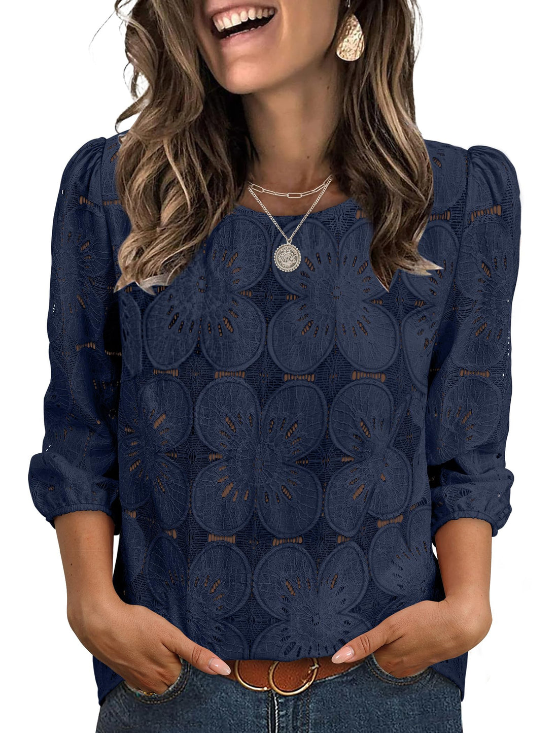 3/4 Sleeve Casual Blouse Navy