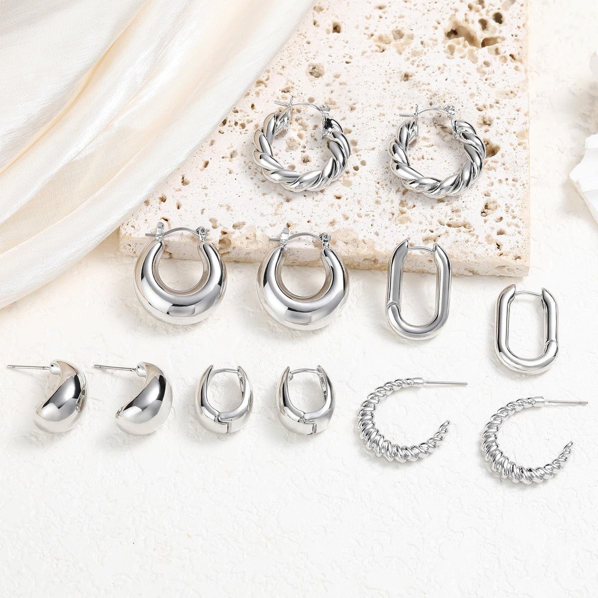 14K Gold-Plated Chunky Twisted Hoop Earrings (Set of 6)