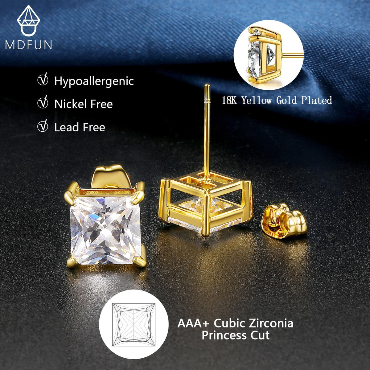 18K Gold-Plated Princess Cut CZ Studs (Set of 5)