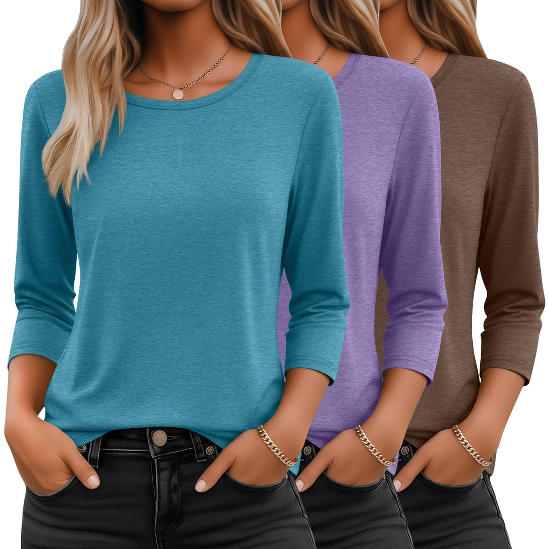 Round Neck Three-Quarter Sleeve Tee (Set of 3)