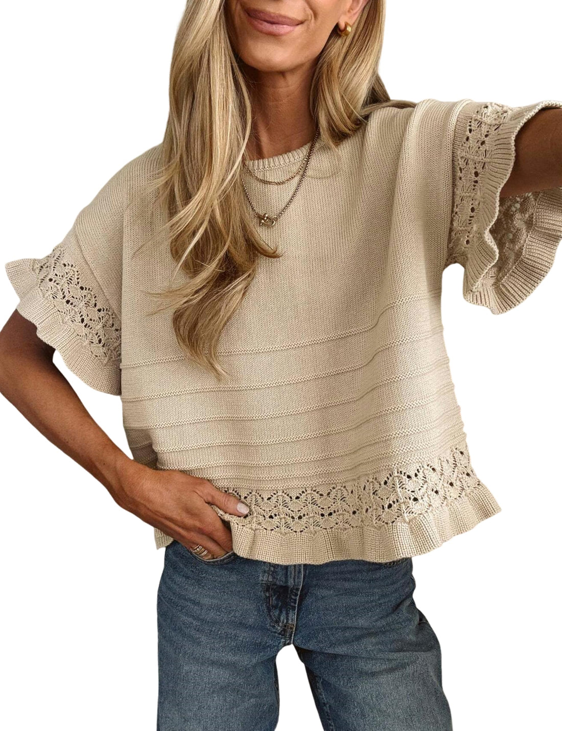 Ruffled Crochet Knit Pullover